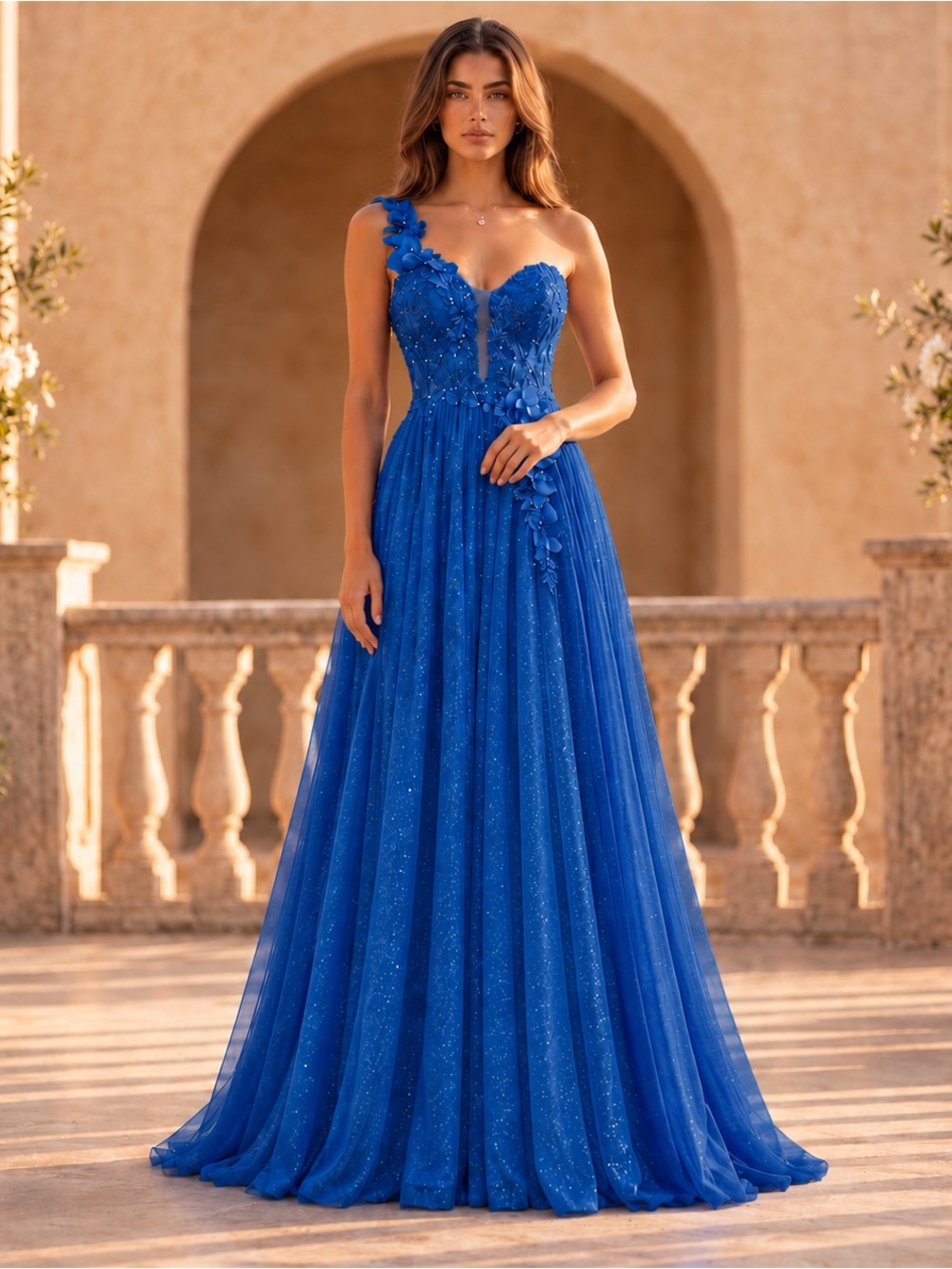 Royal Blue Glitter Ball Gown One Shoulder Holiday Christmas NYE Formal Dress